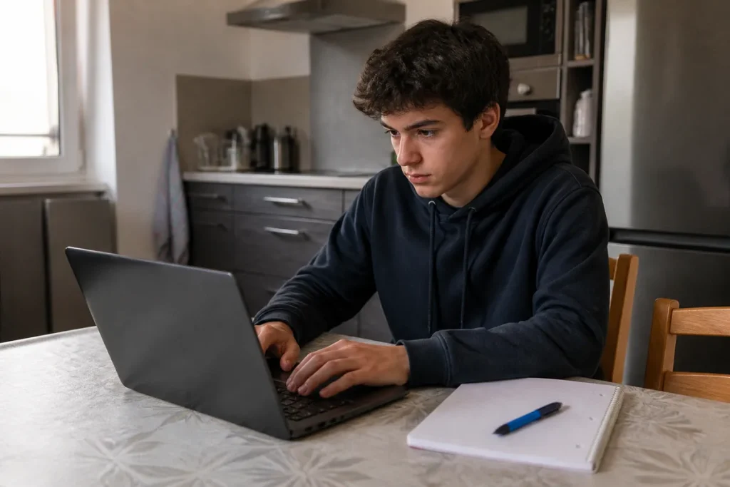 Un lycéen rédige son CV à la table de la cuisine