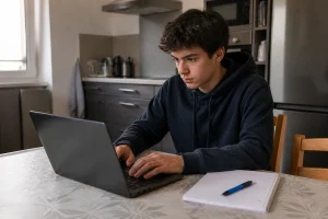 Un lycéen rédige son CV à la table de la cuisine
