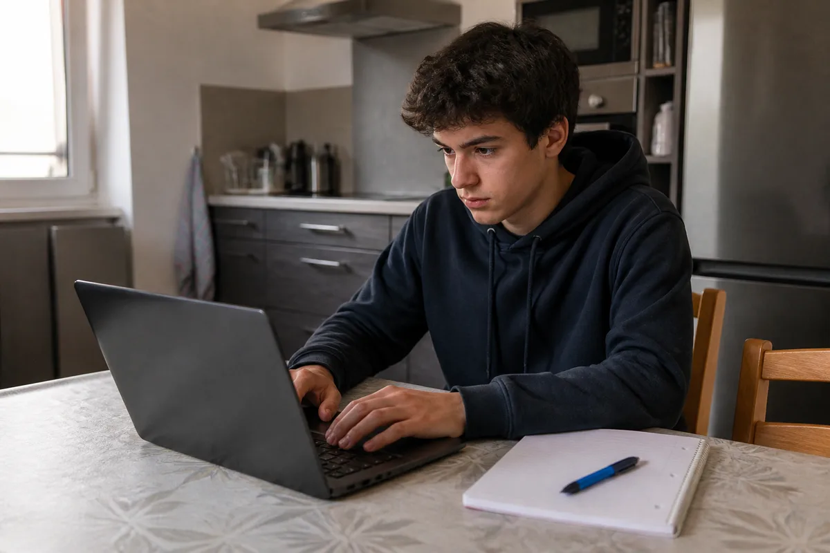 Un lycéen rédige son CV à la table de la cuisine