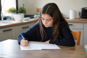 Une collégienne rédige sa lettre de motivation